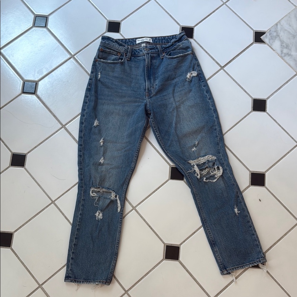 Abercrombie & Fitch Blue Straight Leg Jeans with Distressed Details